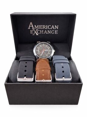 AMERICAN EXCHANGE NWOT Men’s Watch Set Black Minimalist Dial 3 Strap Gift Box